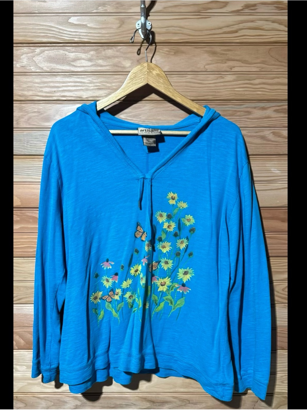 EARTHBOUND Turquoise Blue Hooded Sunflower & Butterfly Top